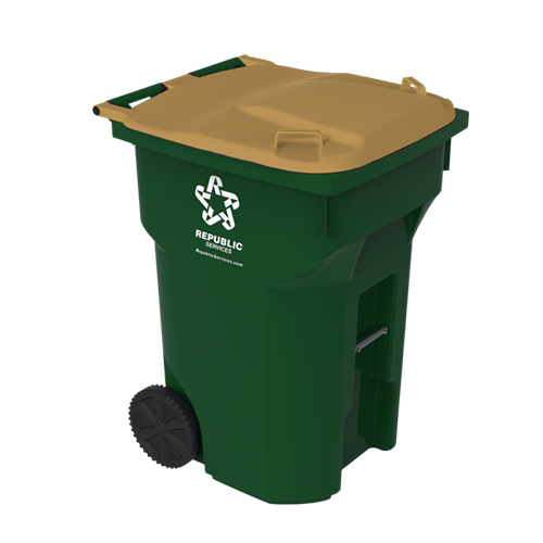 Green cart with a tan lid indicating it is for grass recycling