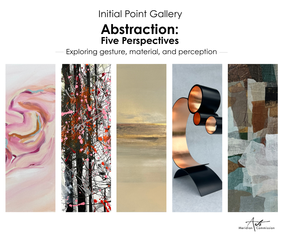 Graphic for an art exhibit featuring five examples of abstract artwork.