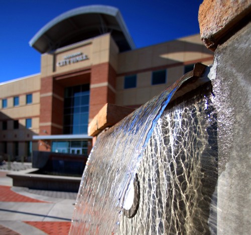 Decorative image of water flowing outside Meridian City Hall